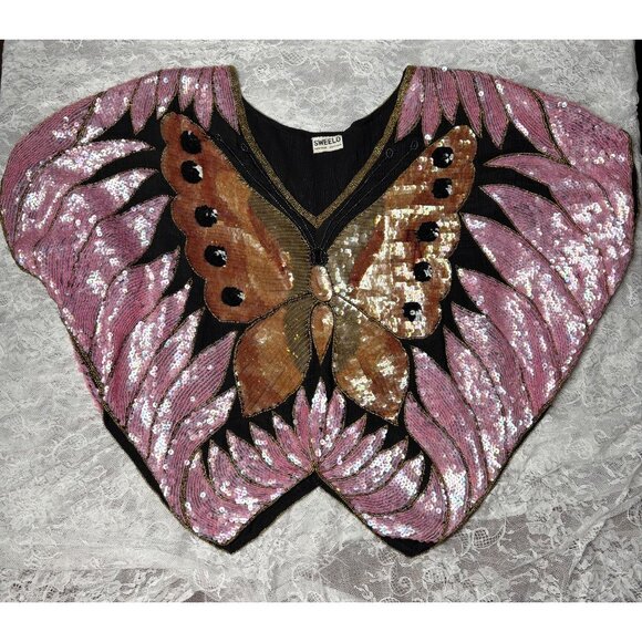 Vintage Swee Lo 70s Silk Beaded Sequin Dolman Sleeve Top (Butterfly Design)